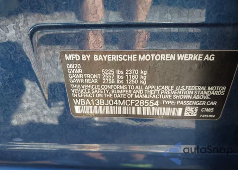 2021 BMW 530I xDrive из США, поврежденный, VIN WBA13BJ04MCF28554